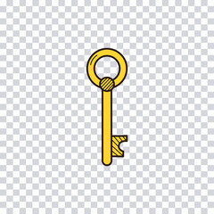 Hand drawn gold key isolated on transparent background. Color sketch of key. Vector illustration.