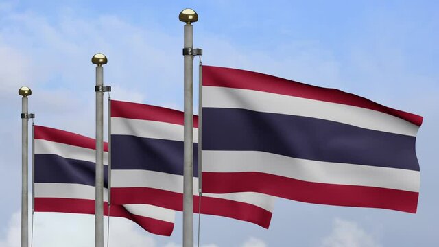 3D, Thai flag waving on wind with blue sky and clouds. Thailand banner blowing, soft and smooth silk. Cloth fabric texture ensign background. Use it for national day and country occasions concept.-Dan