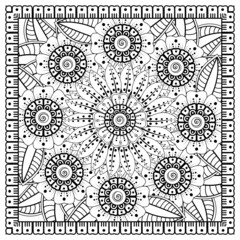 Outline square flower pattern in mehndi style for coloring book page