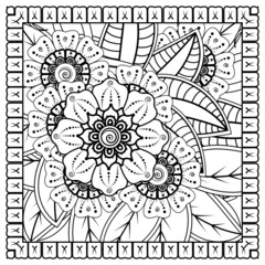 Outline square flower pattern in mehndi style for coloring book page