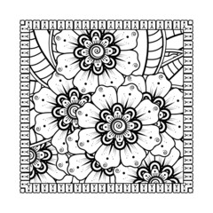 Outline square flower pattern in mehndi style for coloring book page