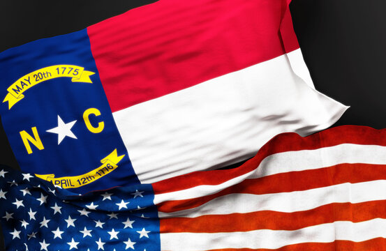 Flag of North Carolina along with a flag of the United States of America as a symbol of unity between them, 3d illustration