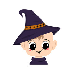 Avatar of a child with big eyes and a wide happy smile in a pointed witch hat with a spider. The head of a toddler with a joyful face. Halloween party decoration