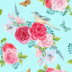 Beautiful Floral Pattern Seamless Watercolor Flowers Lilies Roses and Bird - 456853665