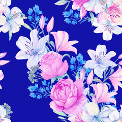 Fototapeta na wymiar Seamless pattern with lily flowers.Watercolor illustration on a blue background