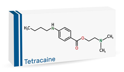 Tetracaine, amethocaine molecule. It is local anesthetic widely used in ophthalmology. Skeletal chemical formula. Paper packaging for drugs