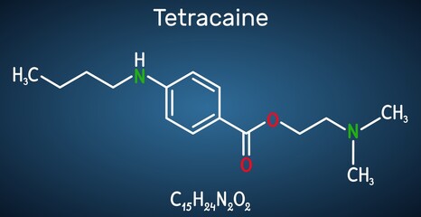 Tetracaine, amethocaine molecule. It is local anesthetic widely used in ophthalmology. Structural chemical formula on the dark blue background. Vector illustration