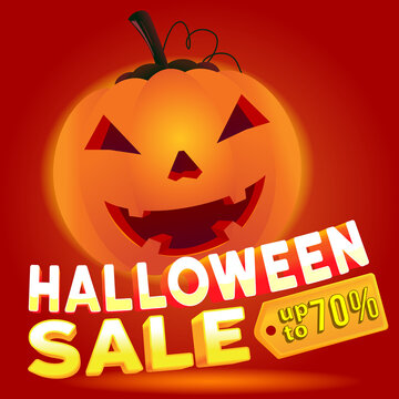 happy hallowen sale banner up to 70%. neon glow jack o lantern pumpkin. vector illustration 