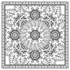 Outline square flower pattern in mehndi style for coloring book page