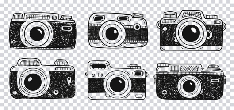 Collection of Photo Cameras isolated on transparent background. Hand drawn doodles. Vector illustration.