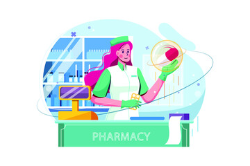 Doctor pharmacist in the drugstore Illustration concept. Flat illustration isolated on white background.