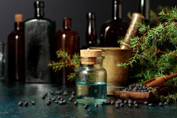 Obraz na płótnie Canvas Juniper tincture with seeds and branches.