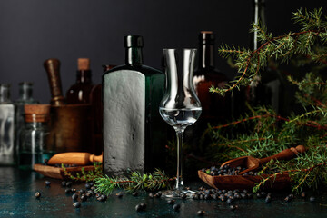 Gin with juniper seeds and branches on an old table.