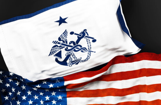 Flag of 1 Star Assistant Surgeon General along with a flag of the United States of America as a symbol of unity between them, 3d illustration