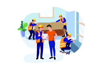 Construction workers arranging interior Illustration concept. Flat illustration isolated on white background.