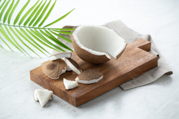 Fototapeta na wymiar coconut milk on chopping board vegan milk for food and dessert