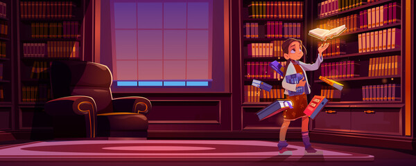 Girl with flying books with magic glow in library at night. Vector cartoon illustration of luxury library interior at home, school or shop with bookcases, armchair and child