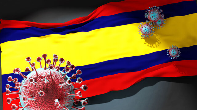 Covid in Alor Setar Kedah - coronavirus attacking a city flag of Alor Setar Kedah as a symbol of a fight and struggle with the virus pandemic in this city, 3d illustration