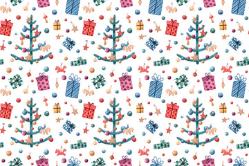 Seamless pattern with Christmas tree, colorful toys (balls and wooden toys) and boxes with gifts for the holiday and new year. Suitable for wrapping paper, gift bags and festive decor. Watercolor .