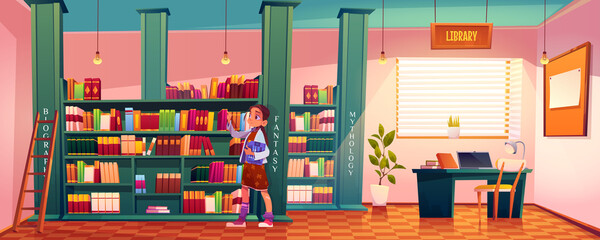 Girl in library choose books for reading lying on shelves in school or public athenaeum large bright room interior with ladder and librarian table, child searching literature, Cartoon vector athenaeum
