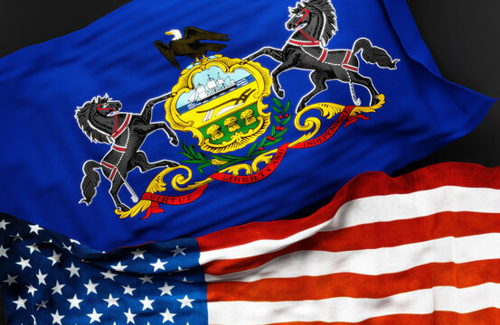 Flag of Pennsylvania along with a flag of the United States of America as a symbol of unity between them, 3d illustration
