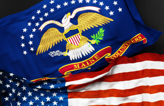 Flag of the 20th Maine Volunteer Infantry Regiment along with a flag of the United States of America as a symbol of unity between them, 3d illustration