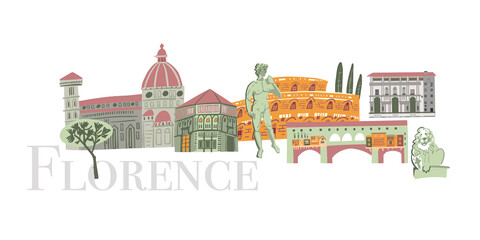 Fototapeta premium Florence banner with landmarks icons set. Traditional symbols, buildings full color vector illustration.