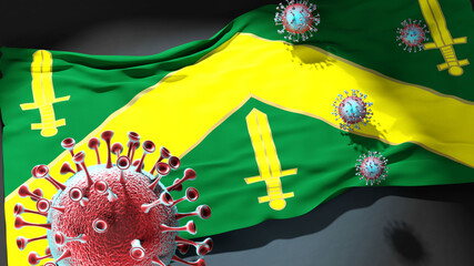 Covid in Campina grande - coronavirus attacking a city flag of Campina grande as a symbol of a fight and struggle with the virus pandemic in this city, 3d illustration