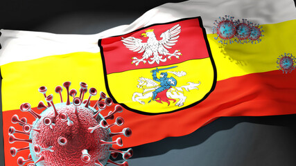 Covid in Bialystok - coronavirus attacking a city flag of Bialystok as a symbol of a fight and struggle with the virus pandemic in this city, 3d illustration