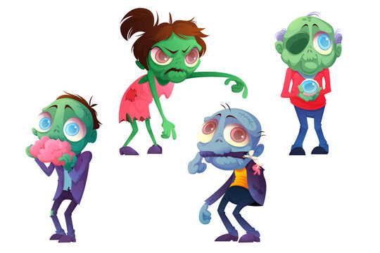 Cartoon zombie halloween characters, funny horror mascots eating brain, holding eye ball, chewing arm and walking with raised hands. Creepy dead monsters, men or women personages, Vector illustration