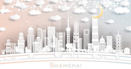 Shanghai China City Skyline in Paper Cut Style with White Buildings, Moon and Neon Garland.