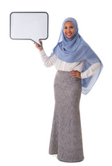 full size of young happy asian Muslim woman wearing hijab holding white folder for text, isolated white background