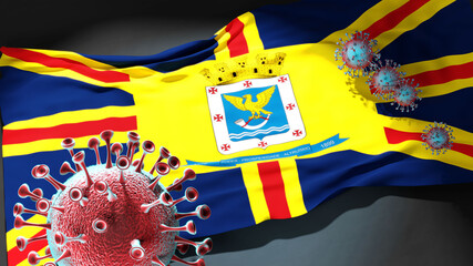 Covid in Campo Grande - coronavirus attacking a city flag of Campo Grande as a symbol of a fight and struggle with the virus pandemic in this city, 3d illustration