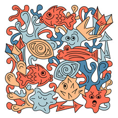 Doodle Hand drawn Underwater background. Vector fishes, algae, sea, ocean, plants, corals
