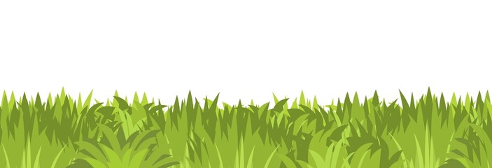 Lawn. Seamless illustration. Grass close-up. Green summer landscape. Rural pasture meadow. Cartoon style. Flat design. Isolated on white background. Vector art