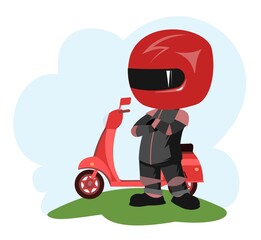 Scooter driver. Biker Cartoon. Child illustration. Proud of victory. In a sports uniform and a red helmet. Cool motorcyclist. Isolated on white background. Vector