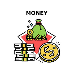 Money Finance Vector Icon Concept. Money Finance Earning And Saving, Banknotes Cash Heap And Coins Bag Abundance, Dollar Financial Wealth, Currency Debit And Exchange Color Illustration