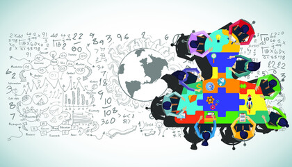 Naklejka premium Businessman and woman brainstorm success with jigsaw human head, plan,think,search,analyze,communicate, futuristic idea innovation technology modern.vector