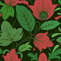 Dark vegetable seamless pattern. Cool cute ornament. Interlacing of branches and flowers. Background illustration. Flatly symbolic style. Vector
