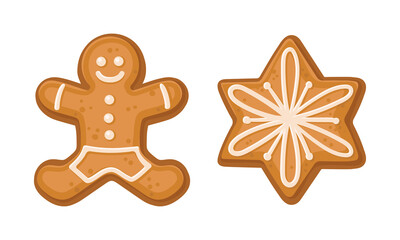 Snowflake and Gingerbread Man as Shaped Baked Cookie and Merry Christmas Symbol Vector Set