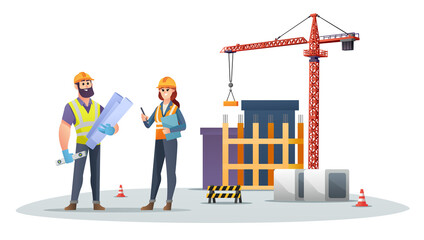 Male and female construction engineer characters on construction site with tower crane illustration