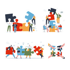 A set of teamwork concepts. Visualization of communication and collaboration in a company. Working together. Flat vector illustration.