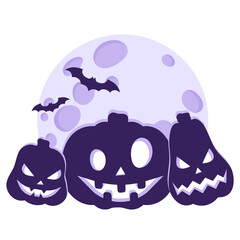 Silhouettes of pumpkins and bats on the background of the full moon.