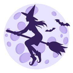 Silhouette of a witch flying on a broomstick and bats on the background of a full moon.