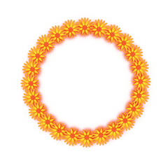 Marigold Garland. Yellow Orange Paper Cut Flower. Indian Festival Flower and Mango leaf. Happy Diwali, Dasara, Dussehra, Ugadi. Decorative Elements for Indian Celebration. Circle frame.