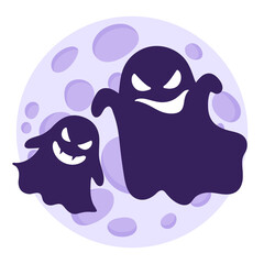 Silhouettes of ghosts or spooks flying with different emotions against of the full moon.