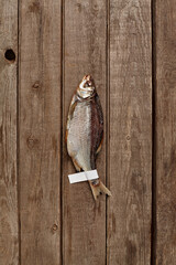 Salted air-dried roach with paper label on wooden background