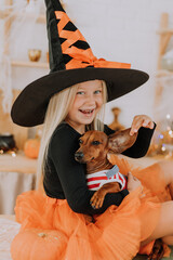 A blonde little girl in a witch costume in a huge witch hat and an orange puffy skirt holds a dwarf dachshund on her lap. Halloween concept. Space for text. High quality photo