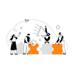 The concept of joint teamwork, building a business team. Vector illustration of working characters, people connecting pieces of puzzles. Metaphor of cooperation and business partnership.