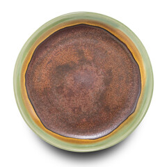 Brown circle ceramics plate isolated on white background.